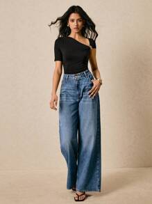 Poéselle Women's Summer Fashion Solid Asymmetrical Collar T-Shirt - Black - View 3