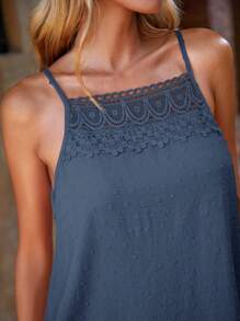 SHEIN Clasi 大码女式休闲纯色蕾丝拼布吊带背心 - 藍色 - 查看 6