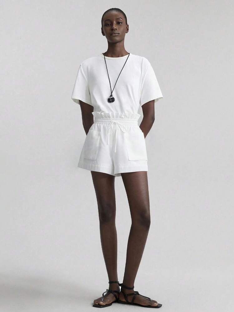Women's Solid Color Drawstring Shorts With Pockets, Ruffle Waist Design, Casual Minimalist Style For Urban Commute