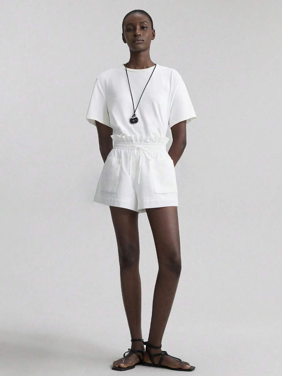 Women's Solid Color Drawstring Shorts With Pockets, Ruffle Waist Design, Casual Minimalist Style For Urban Commute