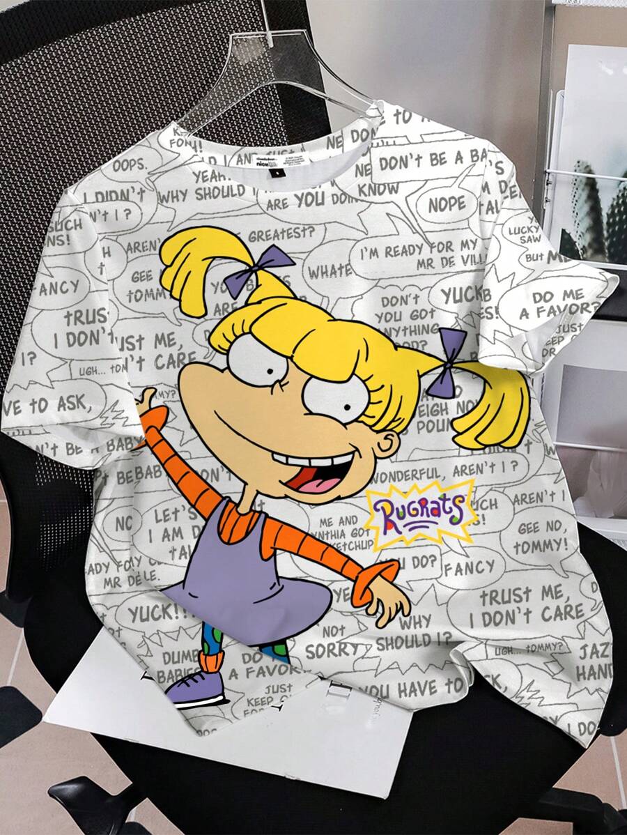 Nick 90s | SHEIN 女士卡通肖像与字母印花圆领短袖 T 恤 - 白色 - 查看 1