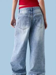 COUREZ Super Oversize Wide Leg Light Wash Turn Up Hem Detail Jeans Y2K Vintage Cotton - Navy Blue - View 3
