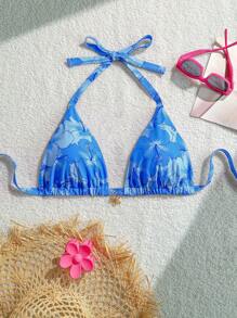 Swim Mod Plus Size Women's Summer Tropical Floral Decor Fashion Halter Triangle Bikini Top - Blue - View 2