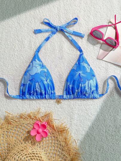 Swim Mod Plus Size Women's Summer Tropical Floral Decor Fashion Halter Triangle Bikini Top