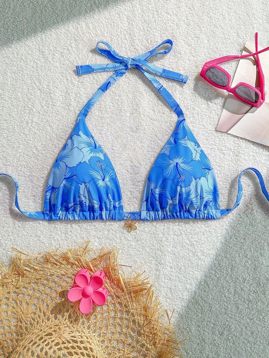 Swim Mod Plus Size Women's Summer Tropical Floral Decor Fashion Halter Triangle Bikini Top