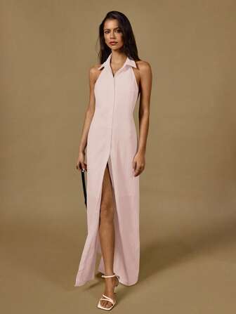 Poéselle 露背翻领无袖前扣腰线长款衬衫裙，休闲风格，法式风，休闲女装，可爱连衣裙，纯色，日常休闲，正式女装，性感，露背，衬衫裙