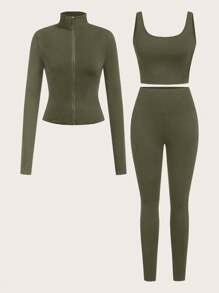 SHEIN EZwear Bộ đồ thể thao 3 món dệt kim màu trơn dài tay có khóa kéo dành cho nữ màu xanh lá cây quân đội, áo vest và quần bó - xanh quân đội - Xem 4