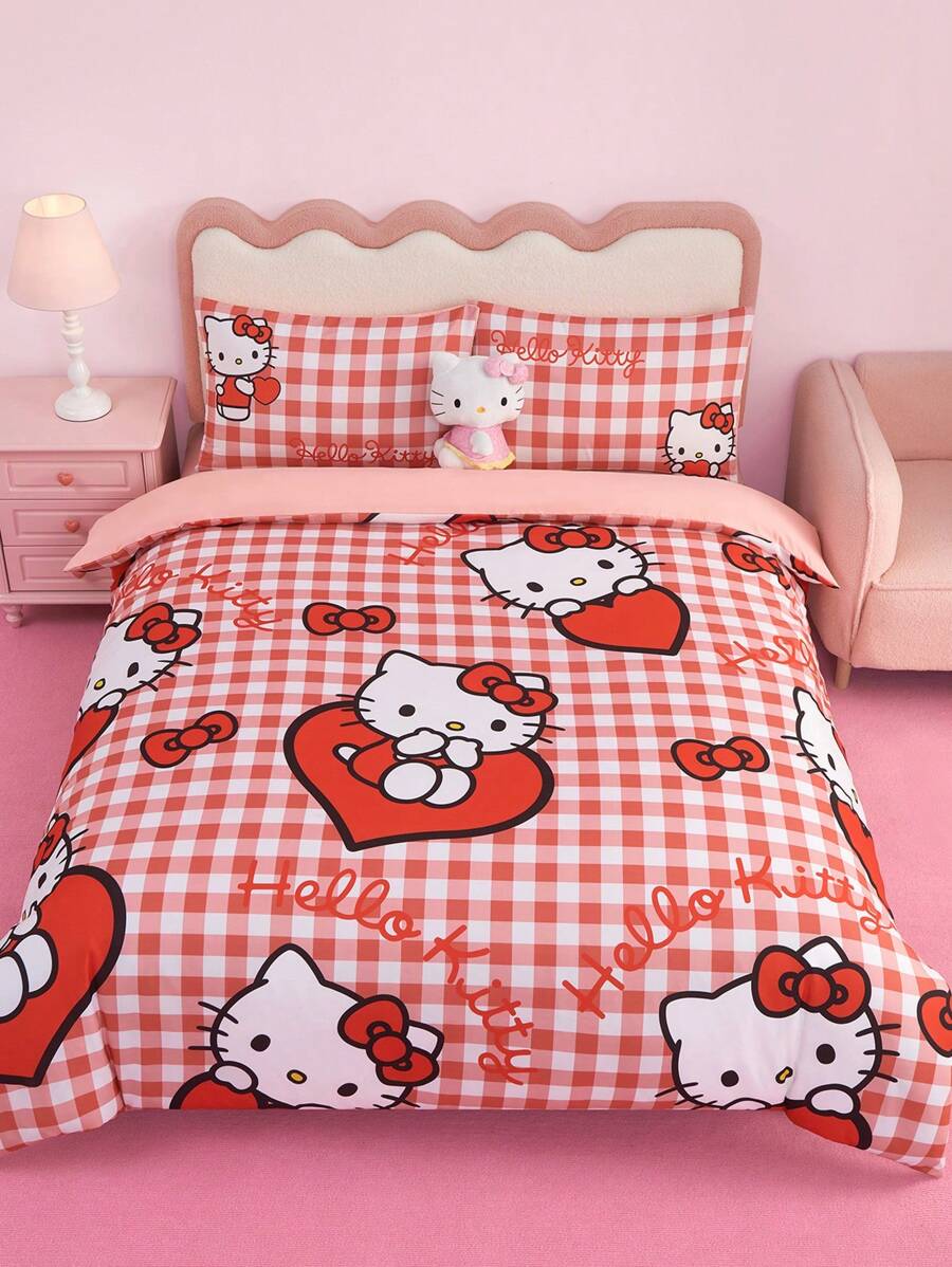 HELLO KITTY AND FRIENDS | SHEIN Bộ chăn ga gối họa tiết mèo và trái tim dễ thương 3 món, vải mềm mại và ấm áp, có nhiều kích cỡ - Đỏ - Xem 1