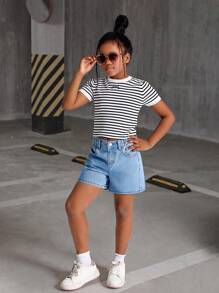 Tween Girls' Bow Embroidered Patch Pockets Casual Fashion Denim Shorts, School, Campus, College