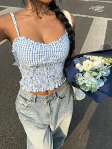 SHEIN EZwear Women's Blue Gingham Shirred Micro Crop Cami Top: Boho Style, Woven Fabric With Strap Neckline And Semi-Sheer Details For A Chic Summer Look - Blue - View 8