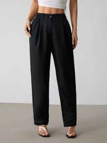 SHEIN PETITE 女士高腰褶皱阔腿宽松休闲百搭裤 - 黑色 - 查看 7