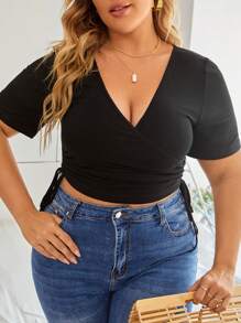 SHEIN Frenchy Plus Drawstring Ruched Top - Black - View 3