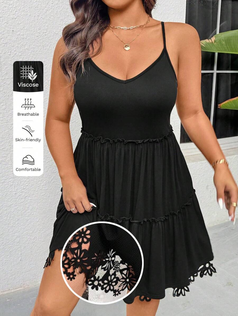 SHEIN Privé Plus Size Women's Elegant Floral Print Ruffle Loose Camisole Dress, Suitable For Vacation Beach Wear, Spring And Summer Wear Mini Skirt; Black Refreshing Soft Cake Skirt; Hepburn Style Short; Graduation Season Party; Valentine's Day/Concert Performance Costumes/Dating/High-End Banquets/Dances/Wedding Season/Sexy/Elegant/Commuting/Back To School Season/Vacation/Seaside/Elegant Romance/Office Homegirl/Sea Breeze/Birthday Party - Black - View 1