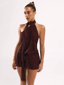 SHEIN BAE Women's Sexy Polka Dot Print Backless Mini Halter Dress, Summer,Business Casual Woman,Rave Outfits Festival,Summer Dresses For Women,Polka Dot Dress