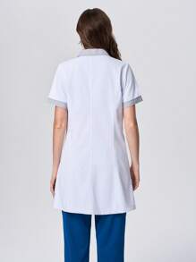 Scrubzie Color Block Collar, Cuff, Pocket Trim Short Sleeve Long Women's Lab Coat/Smock - White - View 2