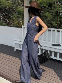 Livesso 2 件女式单排扣休闲牛仔背心和牛仔裤套装 - 中等水洗藍 - 查看 9