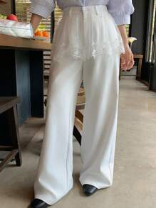 DAZY Women's Lace Splice 2 In 1 Skirt, Decorated Casual Straight Leg Loose Pants - White - View 7