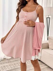 Slowluna 2 pièces Ensemble de veste à patchwork en dentelle bicolore et robe-débardeur rayée pour femmes enceintes - Rose bonbon - Voir 3