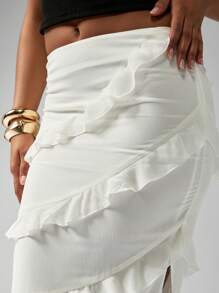MISSGUIDED Contemporary Tiered Ruffle Midi Skirt Elegant Evening Party Wedding Guest Special Occasion Spring Summer Vacation Beach Club Festival Holiday Side Slit Flowy - White - View 4