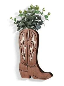 SHEIN 1pc Bohemian Style Wooden Cowboy Boot Wall Vase Creative Flower Holder, Simple Dry Flower Plant Stand, Mini Flowerpot Indoor/Outdoor Wood Dried Flower Vessel, Floral Hanging Decor Suitable For Living Room, Entryway, Bedroom, Bathroom (Brown) - Brown - View 4