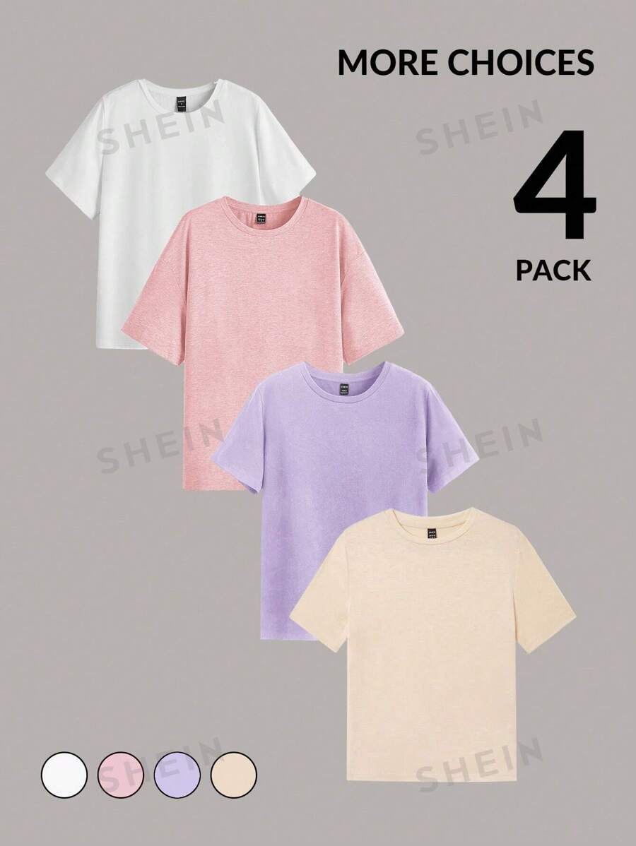SHEIN Essnce Set de 4 camisetas de manga corta de cuello redondo en unicolor minimalistas y versátiles para mujeres, aptas para el verano