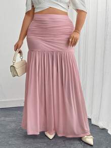 SHEIN Clasi Falda elegante de talla grande para mujer con detalle fruncido y bajo de cola de pez en unicolor - Rosa - Ver 4
