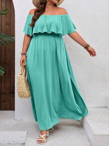 SHEIN VCAY Vestido con volantes sin hombros para vacaciones de talla grande - Azul menta - Ver 4