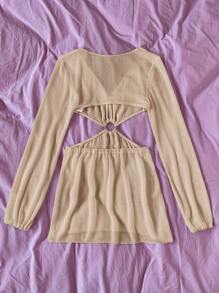 Swim Vcay 女士 V 领镂空腰长袖直筒连衣裙 - 卡其色 - 查看 5