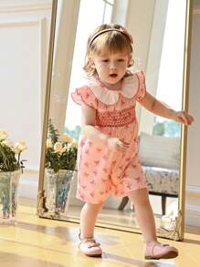 SHEIN Baby Girl Peter Pan Collar Pink Cap Sleeve Cute Bow Print Romper, For Daily Outing - Pink - View 4