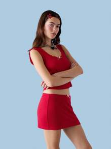 COUREZ Pointelle Jersey Tube Mini Skirt Y2K Vintage - Red - View 3