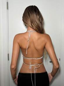 EgrlEra Women's Music Festival Party Rhinestone Backless Halter Neck Cami Top Y2K For New Year Holiday Party - White - View 2