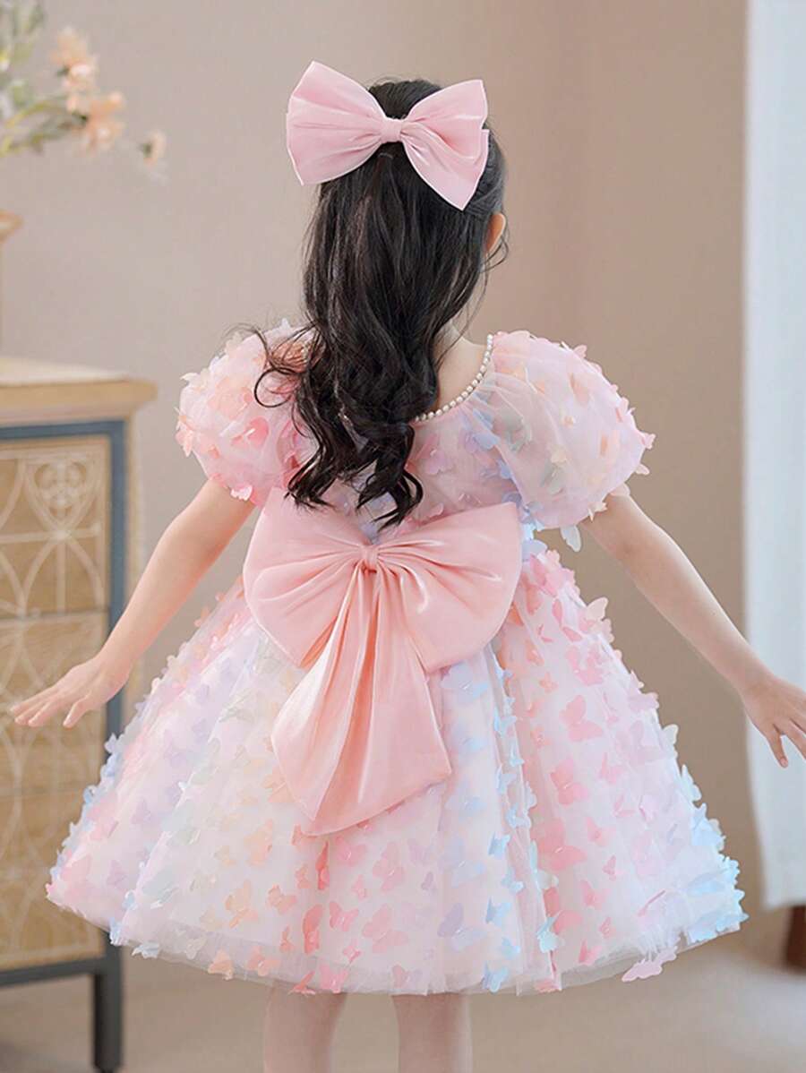 Young Girl' Cute Fancy 3D Butterfly Ruffle Puff Sleeve Princess Dress, Suitable For Party, Ball, Holiday Occasion, Summer - Pink - View 1