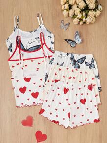 SHEIN 3pcs Set Include Heart & Bowknot Print Camisole & Shorts Pajama Set - Multicolor - View 3