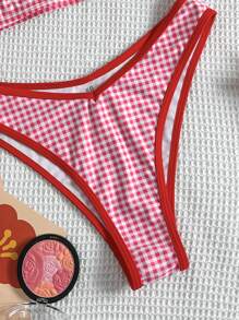Swim Mod 2pcs Women Checkered/Random Print Spaghetti Strap High Cut Cute Bikini Set, Summer - Red and White - View 4