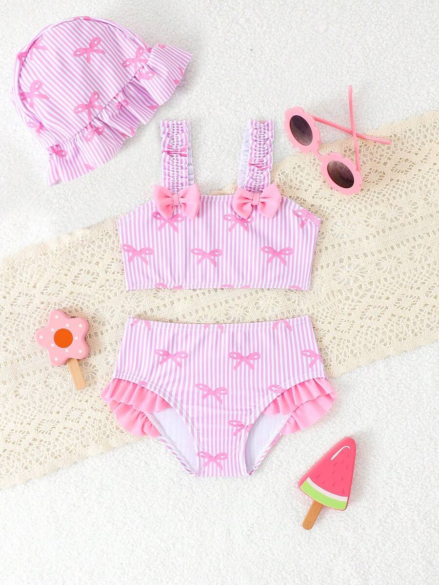 Baby Girls Cute Bow Print Swimsuit Three-Piece Set - Multicolor - View 1