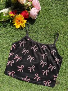 SHEIN Teen Girls' Casual Simple Comfortable Camisole With Bow Pattern - Black - View 4