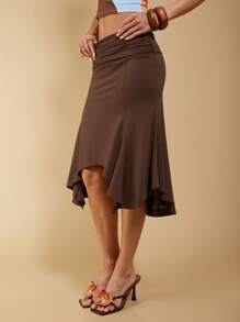 COSMINA Women's Elegant Brown Asymmetrical Ruched Skirt, Suitable For Spring & Summer Vacation Women Skirt - Brown - View 5