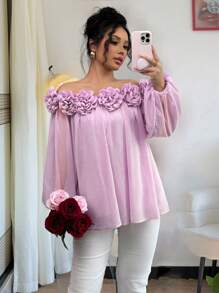 Chiquease 女士优雅露肩雪纺衬衫，3D 花卉装饰，柔软光滑的哑光纯色面料，长袖上衣适合日常穿着、约会、派对 - 紫羅蘭色 - 查看 7