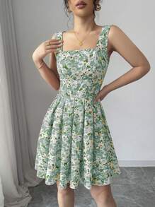 Elenzga Women's Romantic Resort Square Neck A-Line Ruffle Trim Rose Floral Pattern Slip Dress, Suitable For Valentine's Day - Green - View 4