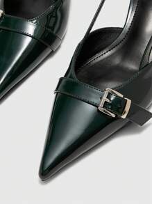 CUCCOO BIZCHIC Women's Fashion Pointy Toe Chain Link Exposed Heel Kitten Heel Pumps, Commute-Friendly - Dark Green - View 7