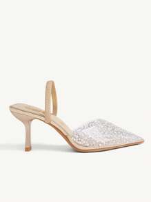 CUCCOO HITCHD 女士珍珠和水钻透明塑料带金色尖头细高跟封闭式鞋头一脚蹬凉鞋，性感优雅 - 金色 - 查看 2