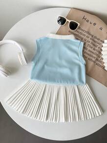 Souflis Souflis 2pcs/Set Baby Girl Infant Toddler Spring/Summer New Tennis Sport Elegant Sleeveless Polo Knit Top And Pleated Skirt Set, Grey/White, 0-3 Years