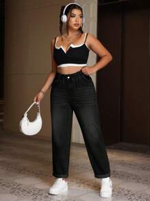 SHEIN ICON Plus Size Cat Whiskers Everyday Women Jeans - Black - View 6