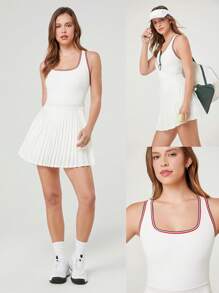 GLOWMODE Quick-Dry Tennis Built-In Cups Pleated Peekaboo Elasticized Waist Dress With Built-In Shorts Side Pockets Low Impact Running Training Workout Gym - White - View 11