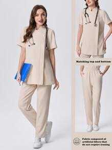 Scrubzie Solid Short Sleeve Scrubs Set (Top & Pants), Scrub Uniform - Apricot - View 1
