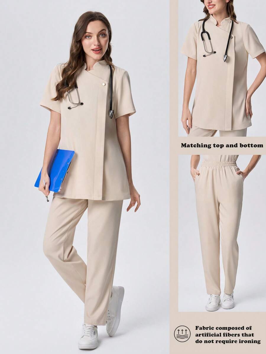 Scrubzie Solid Short Sleeve Scrubs Set (Top & Pants), Scrub Uniform - Apricot - View 1