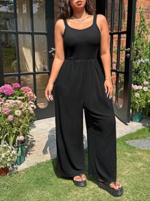 SHEIN EZwear 大码女式纯色阔腿休闲无袖连体裤，夏季 - 黑色 - 查看 5