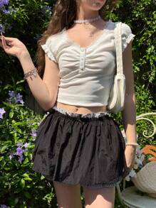 SHEIN 青少年休闲简约舒适拼布拼色荷叶边下摆短裤