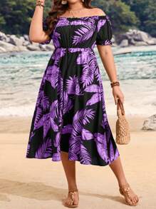 SHEIN Clasi Plus Size Off-Shoulder Short Sleeve Jumpsuit, Fashionable For Summer - Purple - View 5