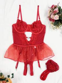 SHEIN Bộ 4 bộ đồ liền thân ren mỏng phối ren cho nữ (có gọng, chân váy ngắn, 2 đôi tất lưới) Đồ lót cô dâu khi đi chơi - Đỏ - Xem 6